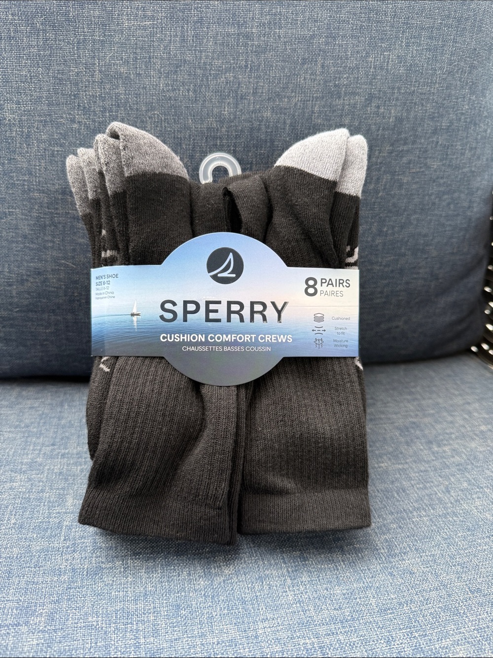 Sperry Black and Gray Cushion Comfort Crew Socks - 8 Pairs